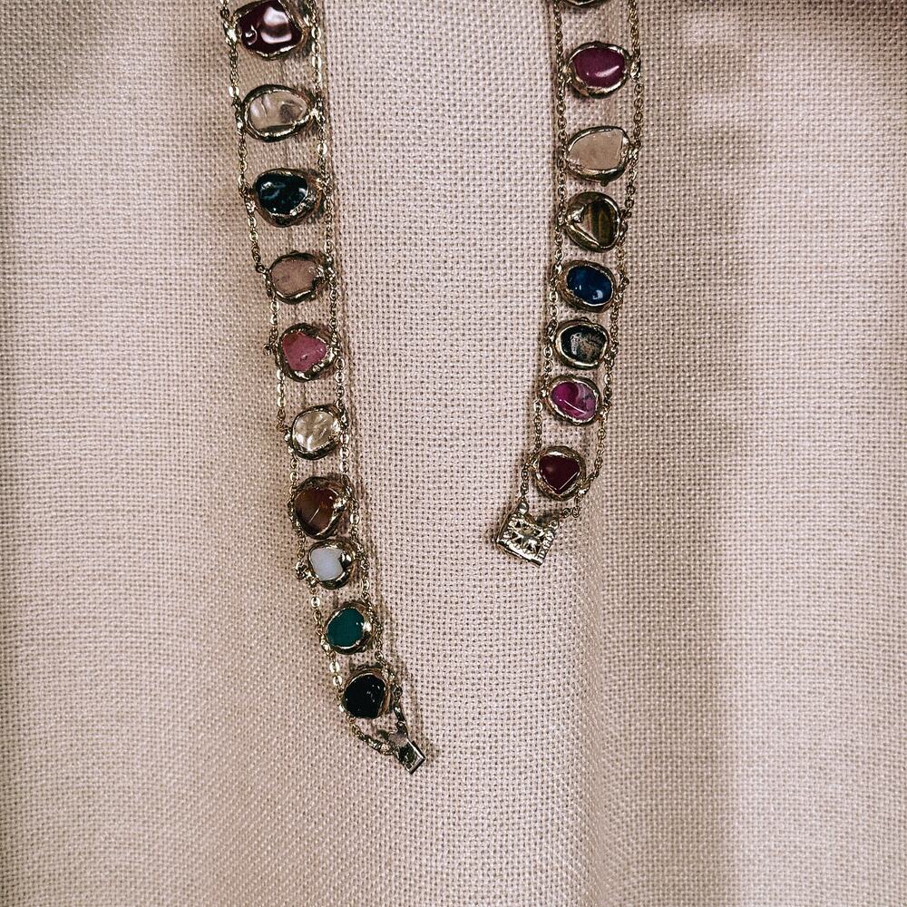 Teotihuacán Gemstone Collar, Gold-Plated Mexican Statement Necklace - Picture 2 of 4